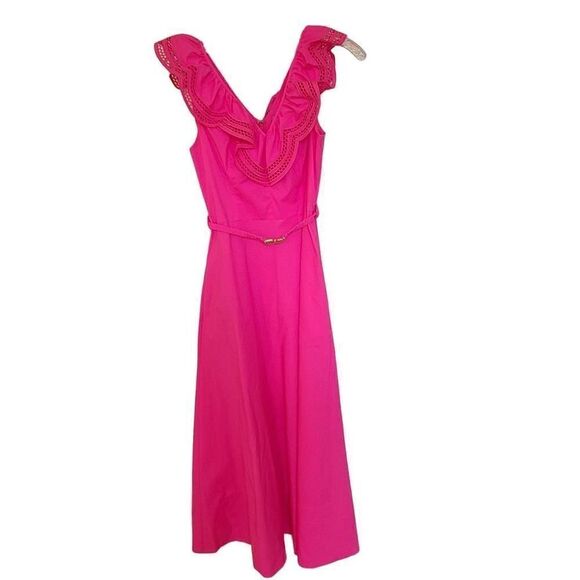 Lilly Pulitzer Carine Dress Berry Pink Ruffle Neckline Midi Length Size 00 - Picture 16 of 16